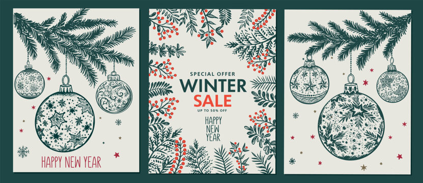 Christmas sale with toy, tree, Hand drawn illustration