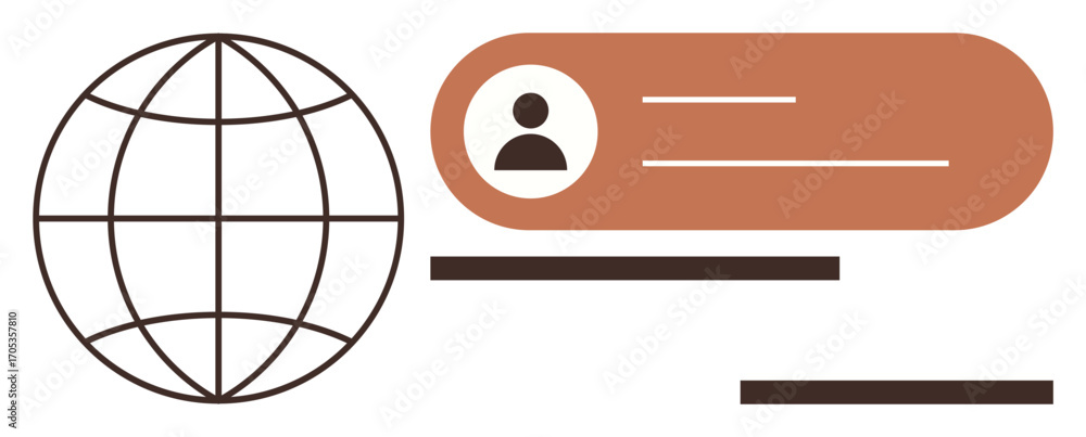Aufkleber globe icon represents global network, next to user profile badge with lines for text or information.