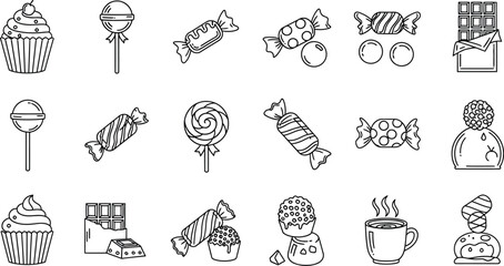 Sweet treats a delightful collection of candies, chocolates, and cupcakes in charming line art style