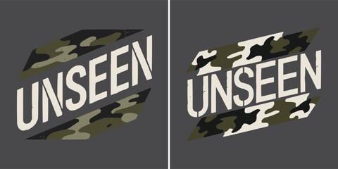 Camouflage unseen typography graphic with military style abstract pattern for streetwear and t shirt design