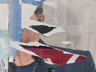 Torn and ripped street poster background, abstract retro paper collage