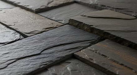 Close-Up View Of Textured Stone Tiles In Various Shades Of Gray And Earthy Tones