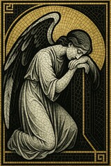 Mosaic artwork of praying angel with gold accents