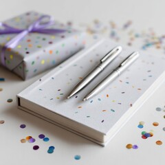 Birthday guest book with pens isoleted on white background.