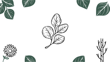 Botanical illustration with hand drawn leaf branch, floral elements, and natural decorative details for eco design and t shirt design