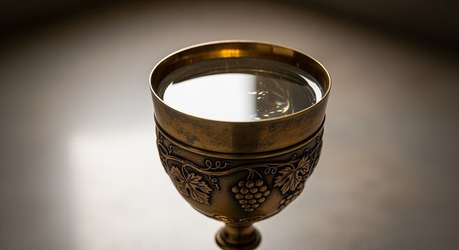 Ornate chalice filled with clear water in soft light