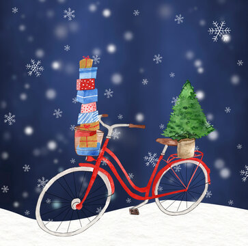 Christmas bicycle with presents and tree in snowy watercolor illustration