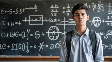 Student in Front of Chalkboard with Equations: Scene of Classroom Learning and Mathematical Thinking