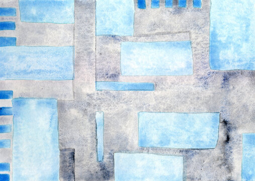 Abstract blue geometric watercolor painting with rectangular shapes