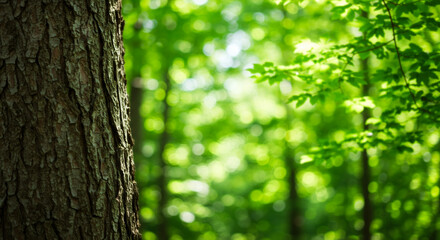 Obraz premium Forest Awakening Sunlight Through Verdant Canopy with Tree Trunk Texture.