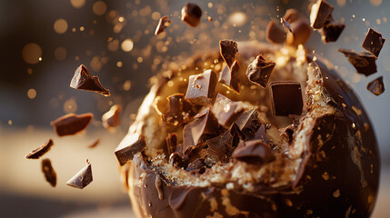 Shattered chocolate sphere dessert, elegant plating with sauce trails, soft ambient glow