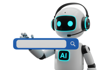 Friendly AI Assistant Robot with Search Bar, Isolated on Transparent Background PNG

