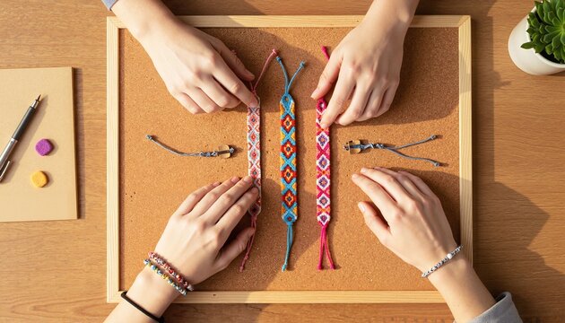 Hands making friendship bracelets with colorful threads on table  