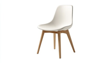 A minimalist, off-white plastic chair with light-brown wooden legs