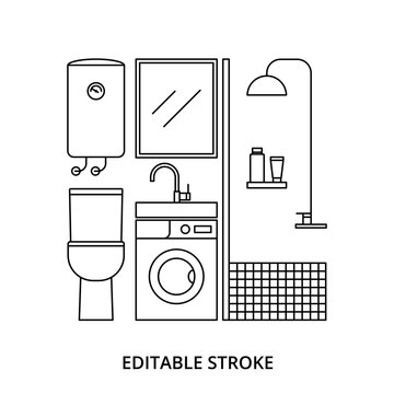 Bathroom interior illustration editable stroke. Washroom icon