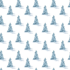 Christmas winter pine hand drawn pastel color seamless pattern. Watercolor conifers snowy trees endless design. Spruce covered snow on repeat background. Seasonal woodland scene for prints, textile.