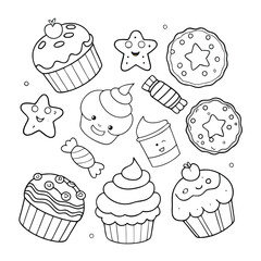 Doodle de comida dulce Ilustración vectorial de un libro de colorear para preescolar
