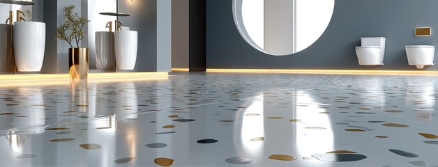 Modern bathroom design featuring glossy floor with decorative dots and elegant fixtures illuminated in soft lighting