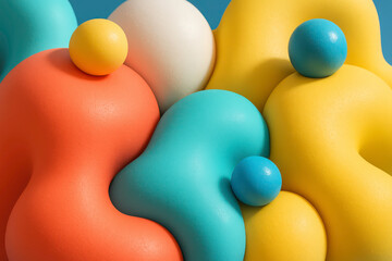 A playful 3D abstract composition featuring rounded, amorphous shapes in vivid coral red, turquoise blue, lemon yellow, and sky white