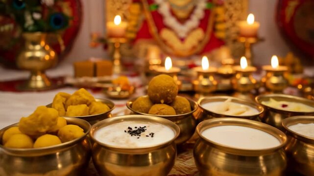 Hindu govardhan puja annakut festival table with traditional sweet and savory food offerings lit diyas and spiritual devotion
