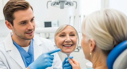 Obraz premium Dentist shows results of dental implant treatment to senior woman patient in mirror. Concept of oral care, prosthetics, treatment and teeth whitening