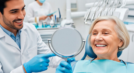 Dentist shows results of dental implant treatment to senior woman patient in mirror. Concept of oral care, prosthetics, treatment and teeth whitening