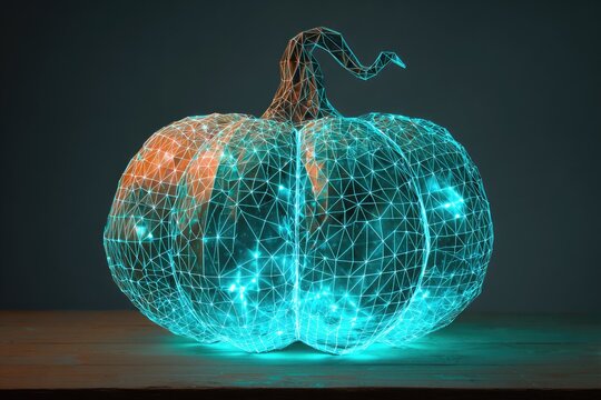 glowing polygon pumpkin centerpiece in neon wireframe style, sci-fi 3D concept