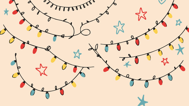 Hand drawn festive string lights with colorful bulbs and doodle stars on beige background for holiday decoration and t shirt design - Powered by Adobe