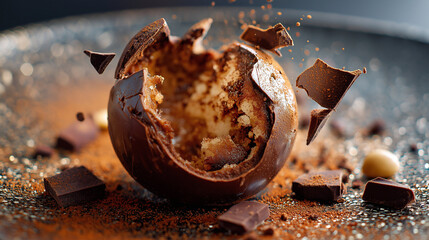 Shattered chocolate sphere dessert, elegant plating with sauce trails, soft ambient glow