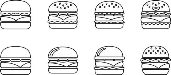 Collection of eight burger icons, each with a unique design, showcasing a variety of fast food