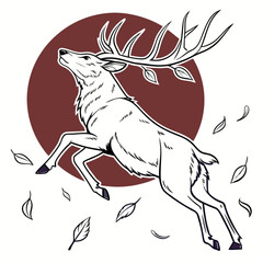Minimilist illustration of a leaping deer with large antlers against a maroon circle and falling leaves art design vector