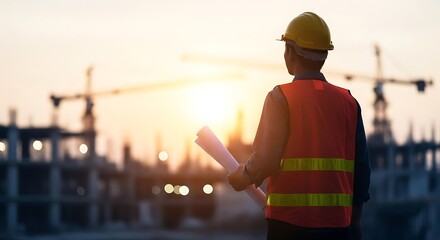 Construction site supervisor overseeing project at sunset silhouette