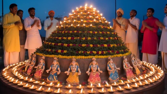 Vibrant govardhan puja annakut celebration displaying an intricately decorated mountain replica and countless traditional glowing oil lamps