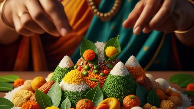 Traditional govardhan puja annakut offering hands adorn a vibrant edible hill of devotion and gratitude