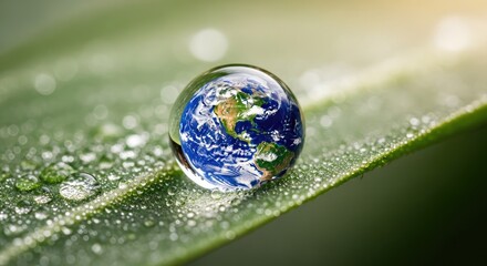 Planet Earth reflected in a single water droplet on a fresh green leaf.