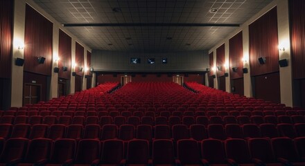Empty movie theater auditorium.  Rows of red seats stretch into the distance.  Dark, interior shot