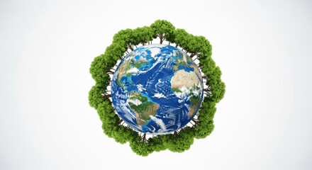 Planet Earth Surrounded by Lush Green Trees Symbolizing Environmental Protection and Nature.