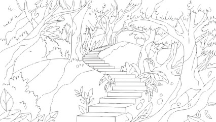 Fototapeta premium Forest pathway illustration with stone staircase leading through trees line art drawing for coloring book and t shirt design