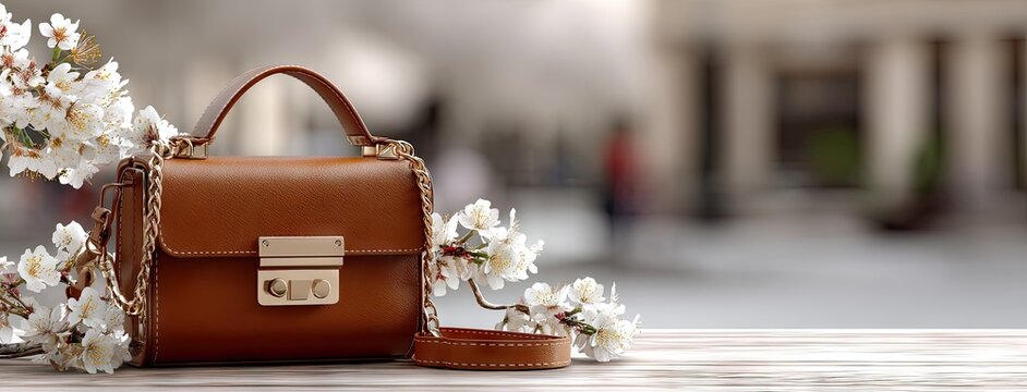Brown leather handbag displayed on a wooden surface with blooming white flowers in a spring urban setting near a public square