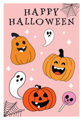 Happy Halloween Vector Illustration with Pumpkins, Ghosts and Candy