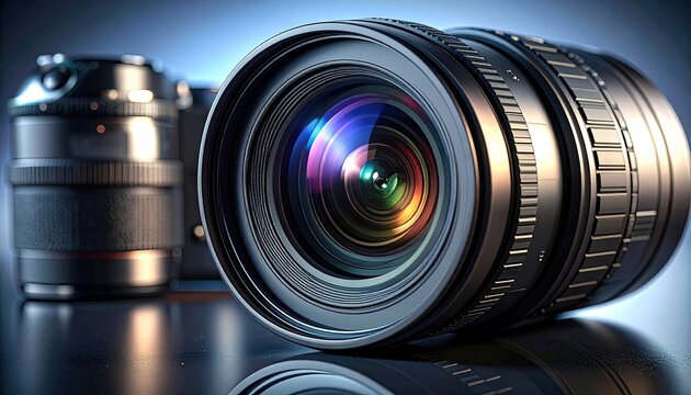 Close Up of a Camera Lens with Colorful Reflections and Background Camera Focused Detail on Surface in Studio