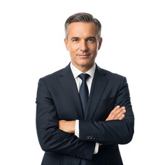Confident businessman with arms crossed suited professional executive on transparent background