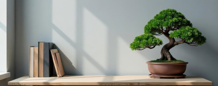 Empty gray wall home office setup Bonsai, stationery, books , modern, background