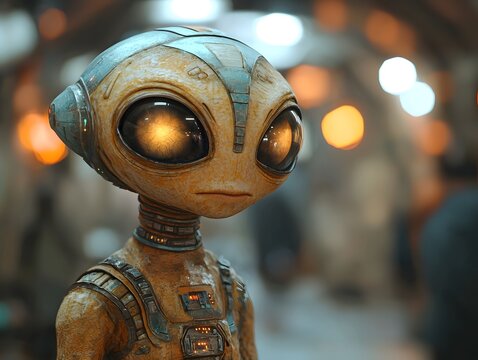 Detailed portrait of a curious contemplative alien character with large glowing eyes in a softly lit blurred environment