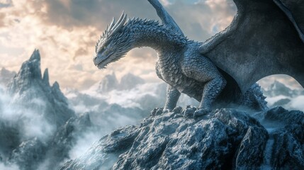 A majestic silver dragon perches atop a rocky mountain peak, its wings spread wide against a backdrop of clouds and jagged peaks.