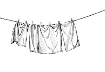 Black & white sketch of photo drying on clothesline, scratchboard style, domestic, grungy