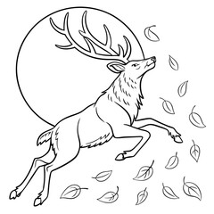 Minimilist a leaping deer with large antlers against a circular backdrop surrounded by falling leaves outline drawing vector