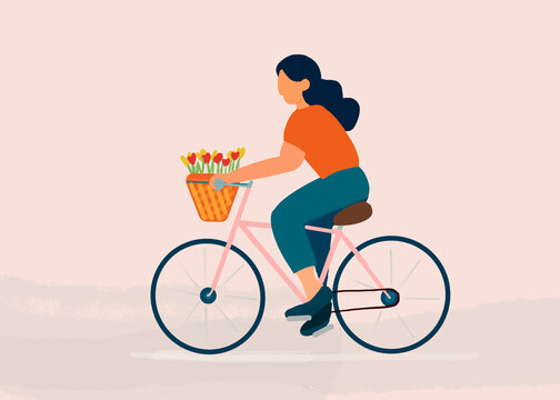 Person riding bicycle with basket of flowers illustrated outdoors