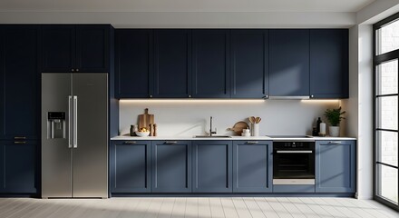 Modern kitchen with dark blue cabinets stainless steel fridge and oven under bright lights reflecting off white