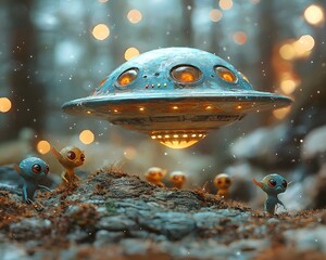 Miniature whimsical aliens encounter a hovering UFO in a magical bokeh lit forest setting